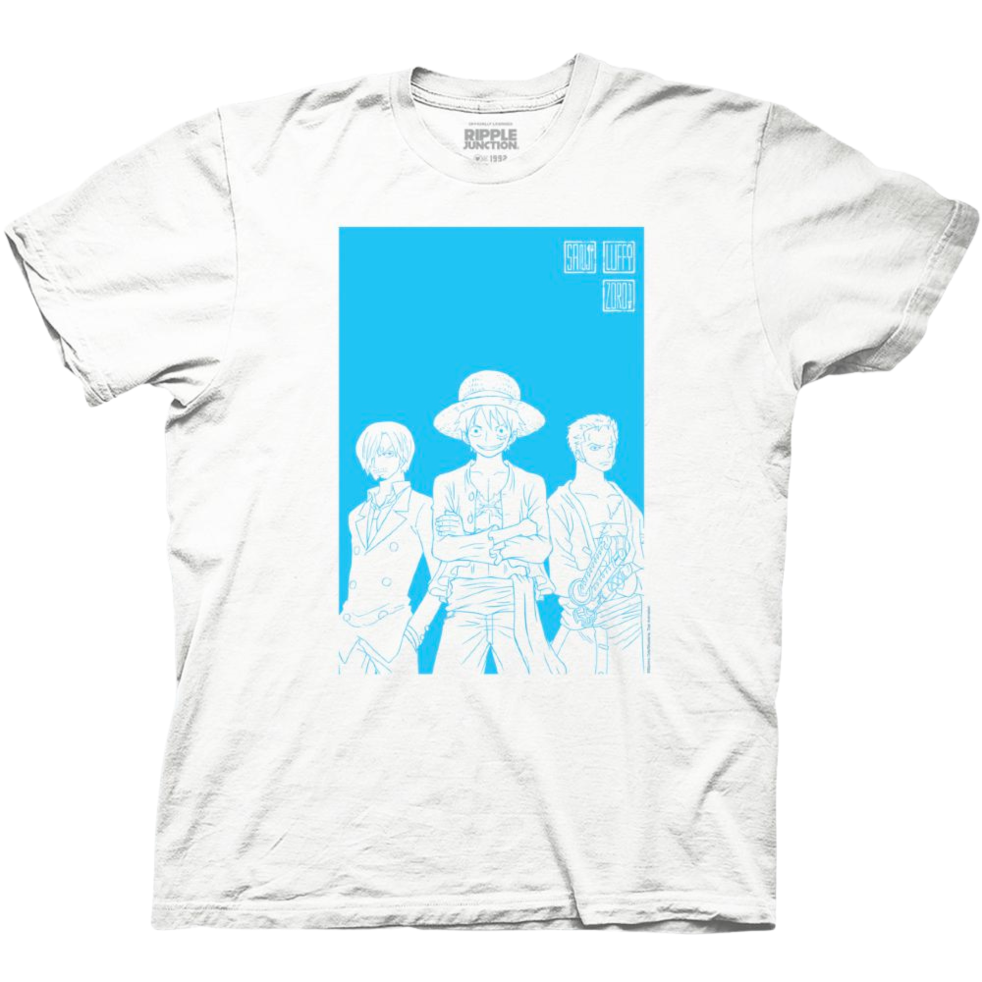 A white T-shirt featuring a minimalist blue and white illustration of three characters from the anime and manga "One Piece." The design showcases Sanji, Monkey D. Luffy, and Roronoa Zoro standing confidently in a vertical blue rectangle. Luffy is in the center wearing his iconic straw hat with arms crossed, flanked by Sanji on the left and Zoro on the right. The words "Sanji Luffy Zoro" appear in stylized text in the top right corner of the blue panel.