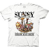 One piece anime t-shirt, text says thousand sunny- ship of the straw hat crew. White tee with black text and picture of the straw hat pirate ship.