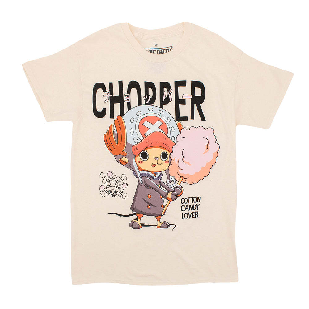 Natural colored (beige) t-shirt, Official One Piece anime merch featuring Tony Tony Chopper. Depicts the adorable reindeer in his winter coat holding cotton candy. Full Color print with text design details reading "CHOPPER" in both English and Japanese, "Cotton Candy Lover" and an outline of his signature jolly roger skull.