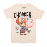 Natural colored (beige) t-shirt, Official One Piece anime merch featuring Tony Tony Chopper. Depicts the adorable reindeer in his winter coat holding cotton candy. Full Color print with text design details reading "CHOPPER" in both English and Japanese, "Cotton Candy Lover" and an outline of his signature jolly roger skull.