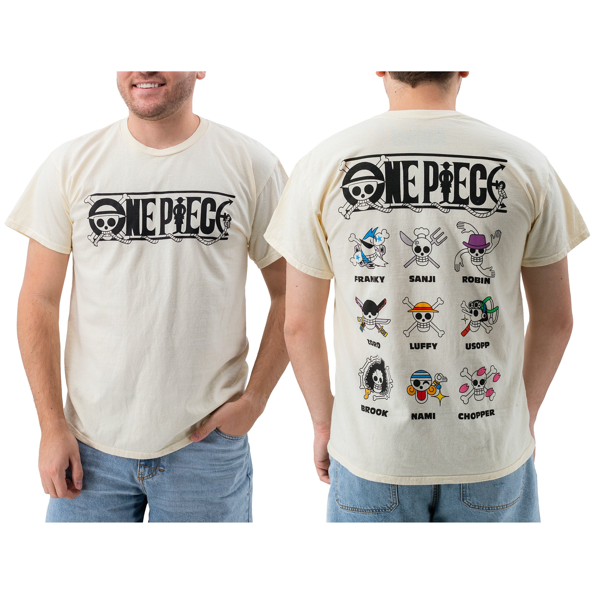 Model wearing front and back view of ivory tee. Shows a relaxed and classic fit.