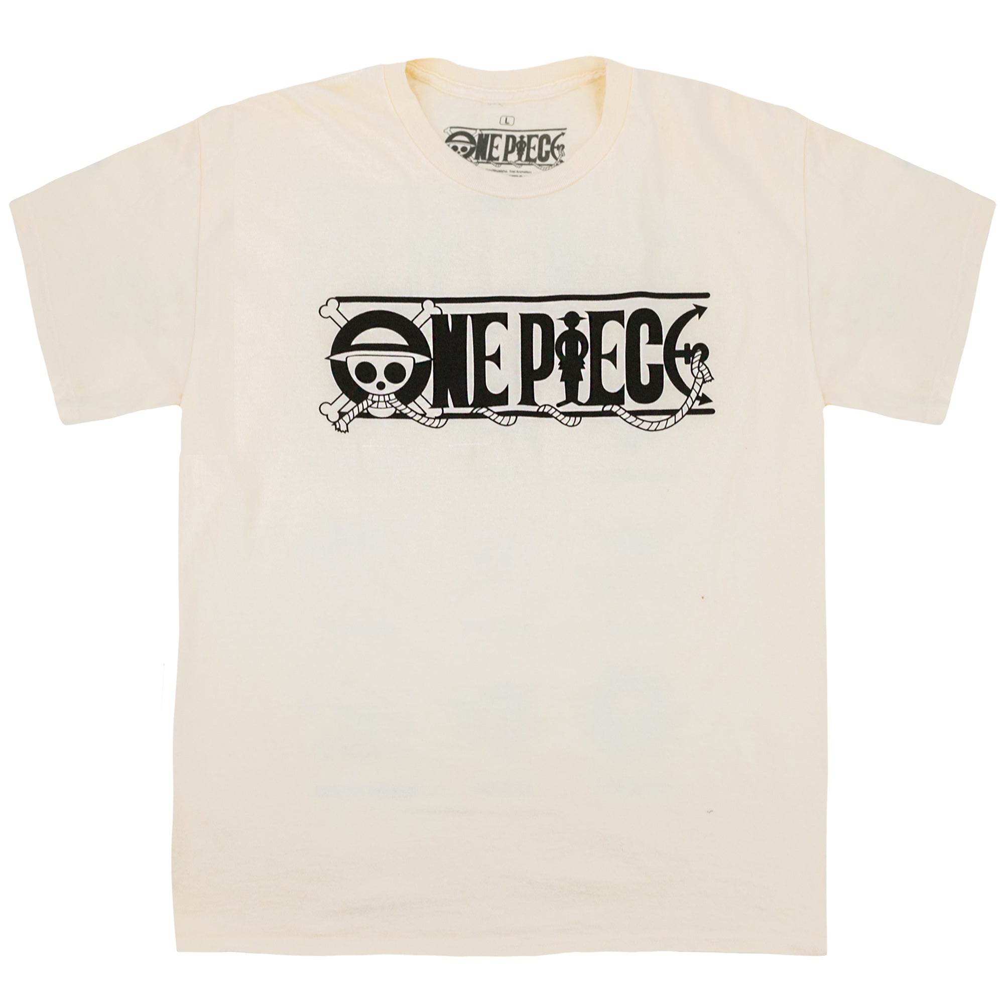 Front view of an off-white One Piece t-shirt featuring the Straw Hat Pirates logo on the front.