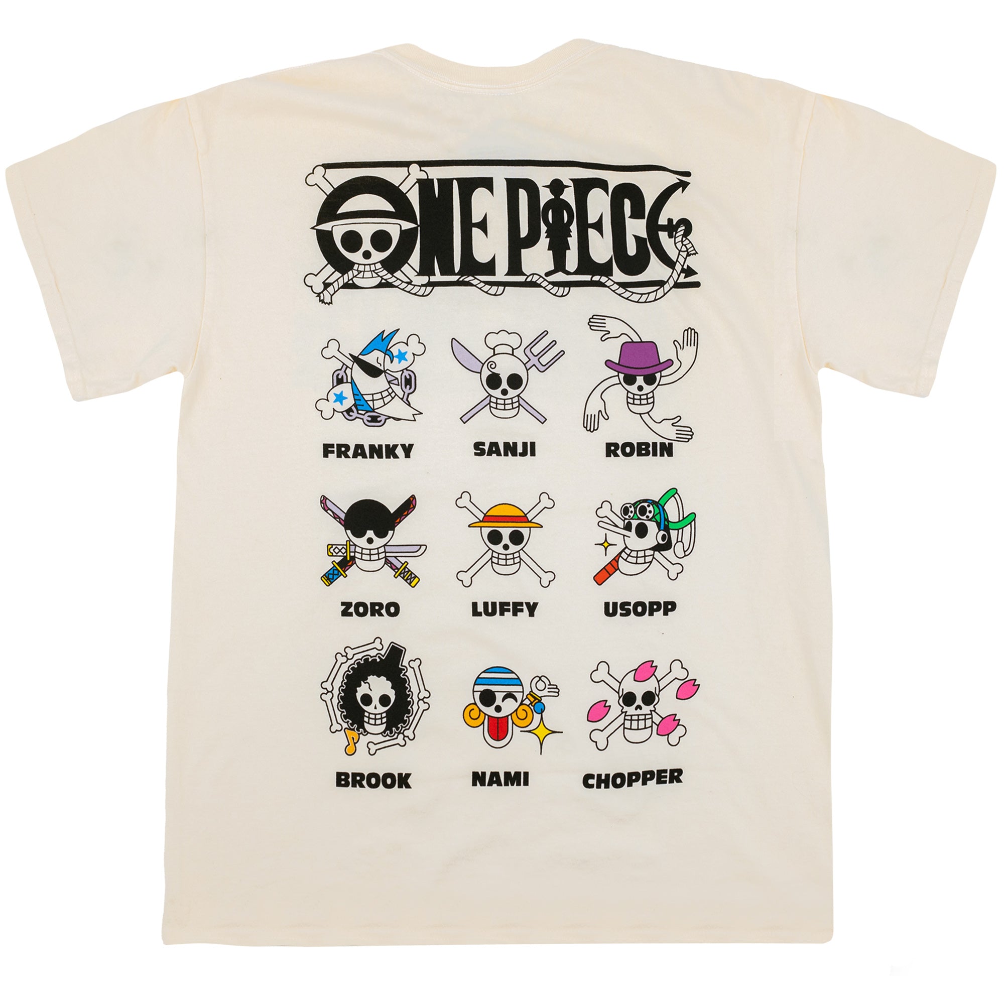 Back view of an off-white One Piece t-shirt featuring the Straw Hat Pirates stylized Jolly Roger designs of each crew member with names and iconic imagery. From top to bottom, left to right: Franky, Sanji, Robin, Zoro, Luffy, Usopp, Brook, Nami, and Chopper.