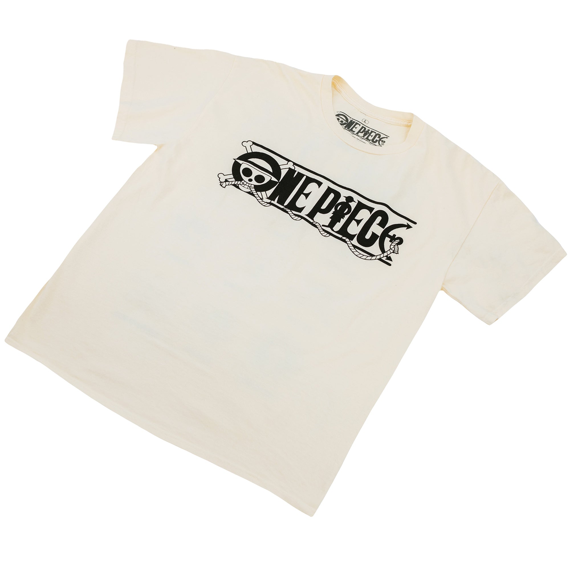 Flat lay of the front side of the One Piece crew t-shirt with large black logo design.