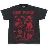 Front flat lay of One Piece Luffy black mineral wash tee. Jumbo scarlet red monochrome manga style layout with various Luffy expressions and poses. Text reading "ONE PIECE" & "STRAW HAT CREW" in both English and Japanese. Text reading "I'm going to be the King of the Pirates" at the bottom.