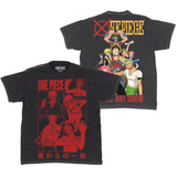 Front and back view of mineral wash black t-shirt. Official One Piece anime merch with jumbo double-sided print featuring pre-time-skip straw hat crew.
