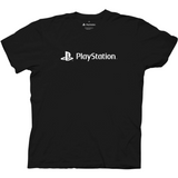 Black T-shirt with white PlayStation symbol and logo on the center front chest.