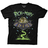 Black cotton crew-neck tee featuring Rick and Morty in their space cruiser as it expels neon green goo. Surrounded by intergalactic imagery of planets and stars.