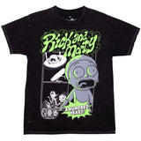 Rick and Morty Black mineral wash premium cotton tee, monochrome comic panels of Morty with light green details. Text says "Rick and Morty" in green funky bubble letters along with popout saying "A hundred years!" Art depicts Morty from various parts of the show in distress.