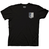 Black t-shirt featuring the "Scout Regiment" (Survey Corps) emblem from Attack on Titan. The front of the shirt has a small version of the emblem on the left chest, while the back displays a large, detailed version. The emblem consists of overlapping silver and blue wings set against a gray shield background.