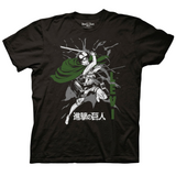 Black t-shirt featuring a dynamic illustration of Levi Ackerman from the anime Attack on Titan. Levi is shown mid-action with his sword drawn, wearing his signature green cape and ODM gear. The background has a splatter effect, with his name "LEVI" written vertically in green on the right and the Japanese title "進撃の巨人" (Shingeki no Kyojin) at the bottom.