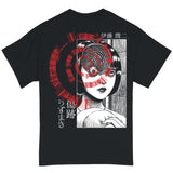 Back flat lack of a Junji Ito Uzumaki swirl head t-shirt. Featuring manga panel, Japanese typography, and thematic swirl. This tee has an edgy streetwear vibe to it.