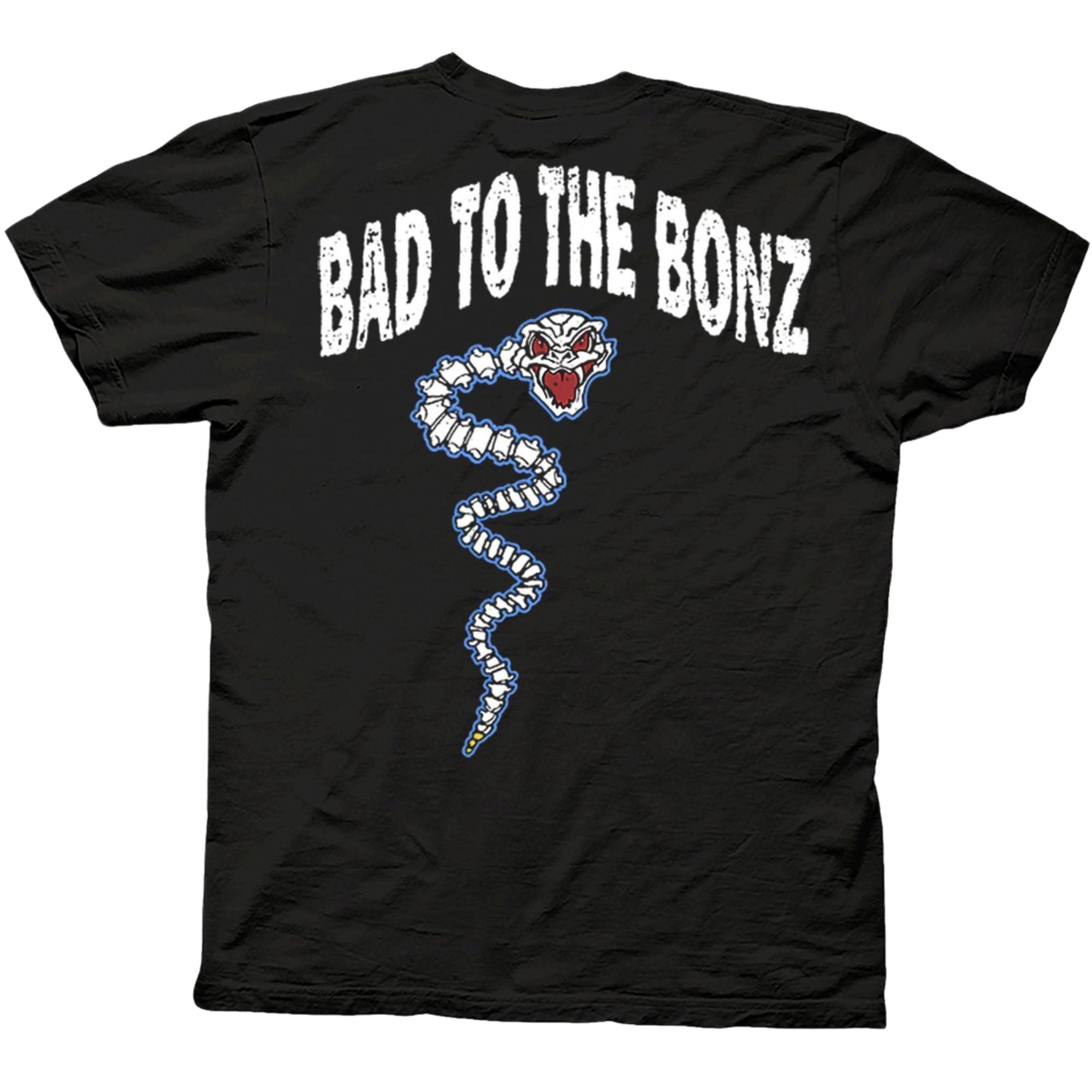 The back of the shirt reads "BAD TO THE BONZ" in white distressed text, with a coiled spine ending in a snarling skull face graphic below the text.