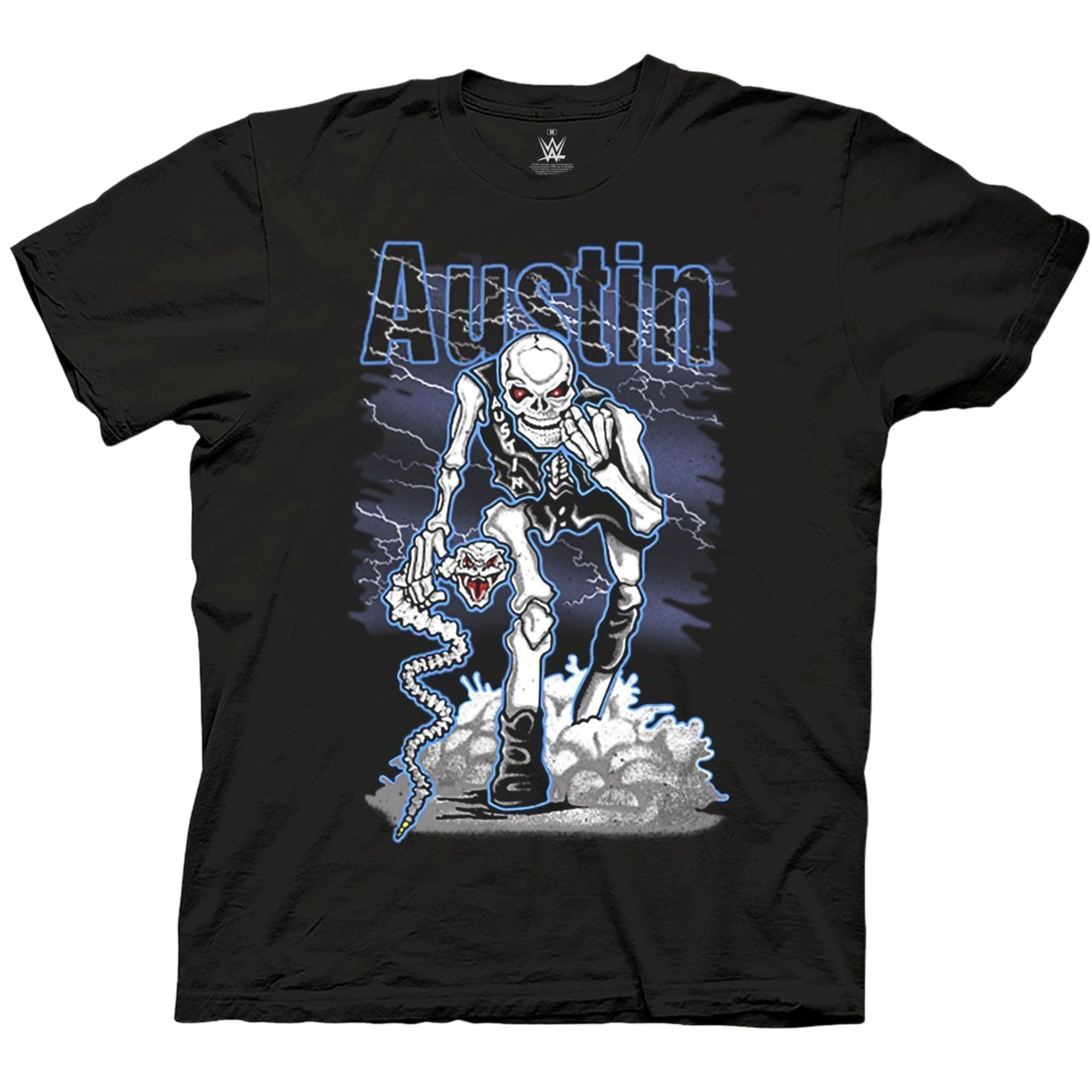 Black T-shirt featuring a design inspired by WWE legend "Stone Cold" Steve Austin. The front shows a menacing skeleton figure in a vest labeled "Austin," holding a snake-like spine with a skull at the end, set against a stormy lightning background. The name "Austin" is displayed in bold blue letters above.