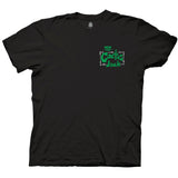 A black Cactus Jack wrestling T-shirt featuring a small front chest graphic with green, distressed "Cactus Jack" text framed in barbed wire, alongside a WCW logo.