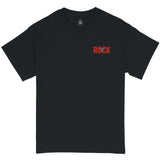 Black T-shirt featuring a red and gray graphic design themed around "The Rock." The front has a small red logo with the words "The Rock" and a Brahma Bull symbol.