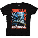 Black t-shirt featuring Godzilla in front of an electric blue storm, surrounded by lightning bolts, with large “GODZILLA – King of the Monsters” text and red Japanese lettering.