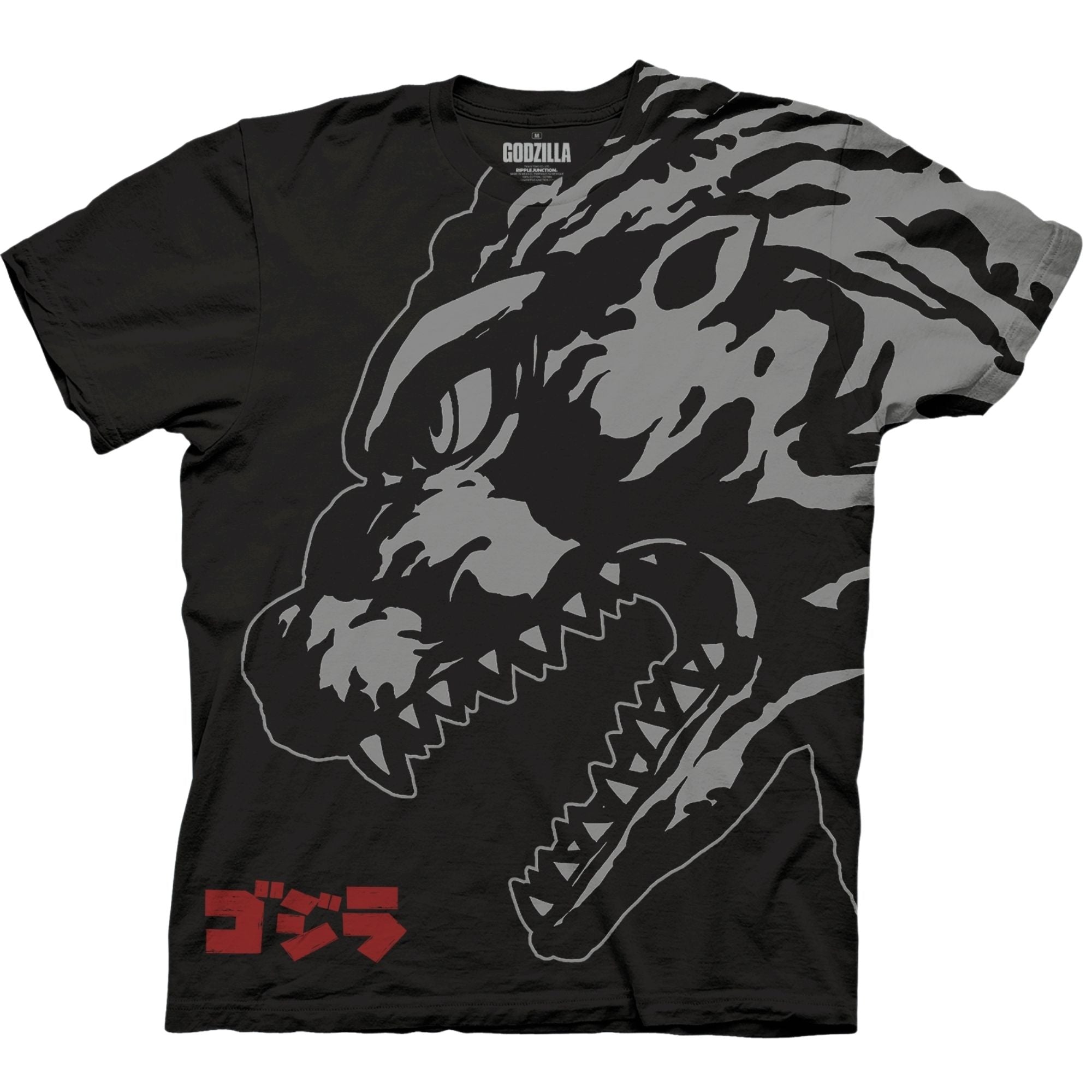 Black t-shirt featuring a close-up, high-contrast graphic of Godzilla's face in grayscale with sharp teeth and a fierce expression, with red Japanese kanji reading "Godzilla" at the bottom.