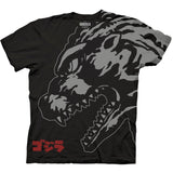 Black t-shirt featuring a close-up, high-contrast graphic of Godzilla's face in grayscale with sharp teeth and a fierce expression, with red Japanese kanji reading "Godzilla" at the bottom.