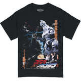 Black t-shirt with a vibrant, full-color vintage movie poster graphic of Godzilla vs. Mechagodzilla, surrounded by lightning, jets, and Japanese and English text.