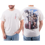 Model wearing the Godzilla t-shirt front and back; front displays minimal Japanese text, back features full movie poster-style monster artwork with Godzilla, King Ghidorah, and Mothra.
