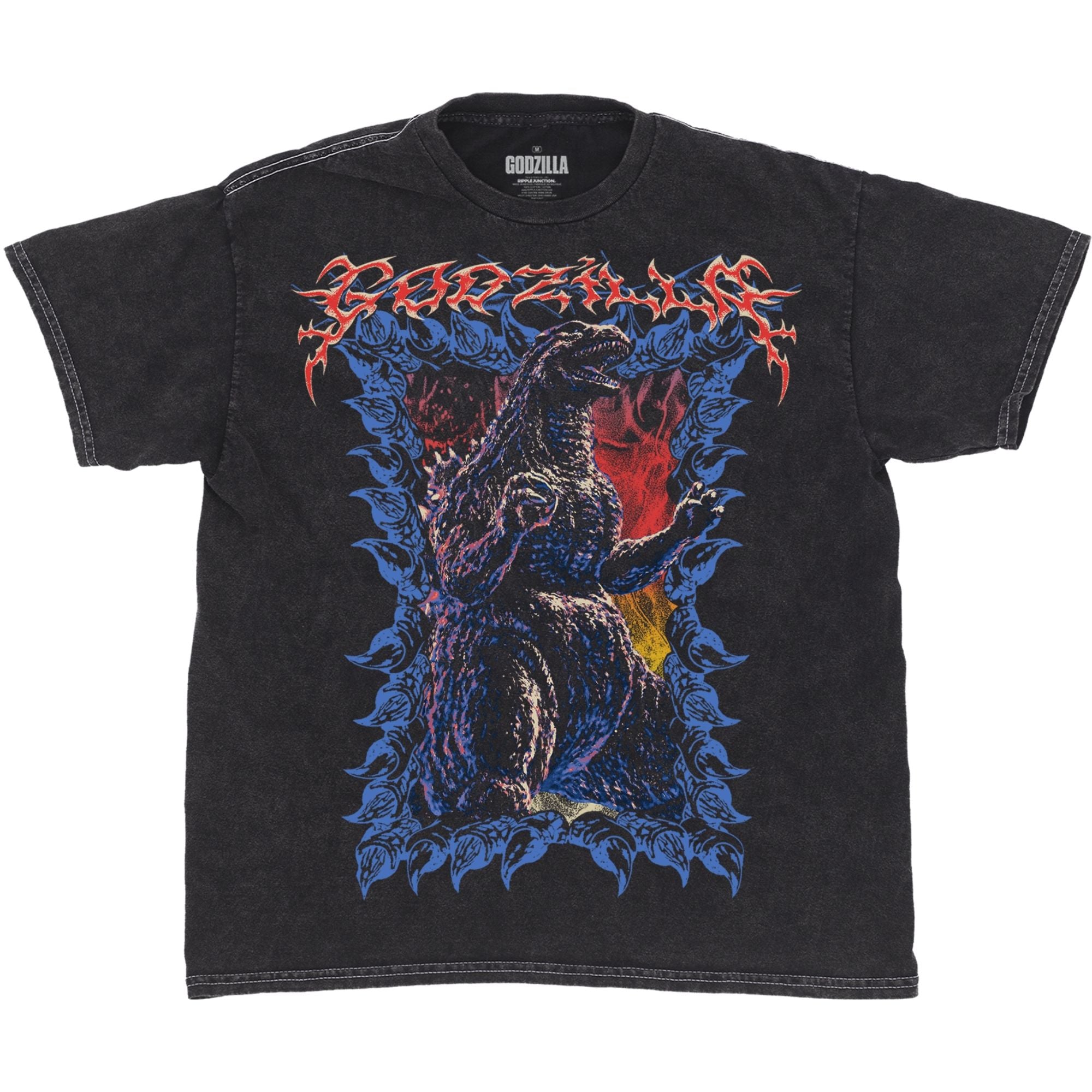 Black mineral wash t-shirt with a bold graphic of Godzilla surrounded by a spiky blue and red flame frame, with stylized Godzilla text above. Printed on our premium pigment dyed black tee with white contrast stitching.