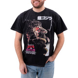 Model wearing a black Godzilla t-shirt featuring a vintage-style graphic of Godzilla battling Biollante with Japanese movie title text above and below. Shows fit of tee on a standard male frame.