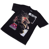 Angled flat lay of a black Godzilla t-shirt with a bold print of Godzilla fighting Biollante, showing sharp teeth and plant-like tentacles.
