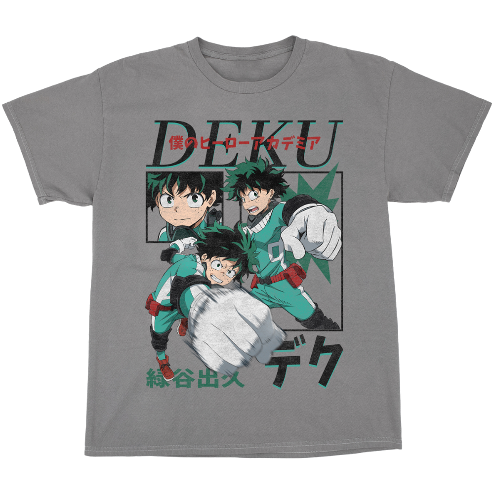 Gray t-shirt with anime character Deku and text on a white background
