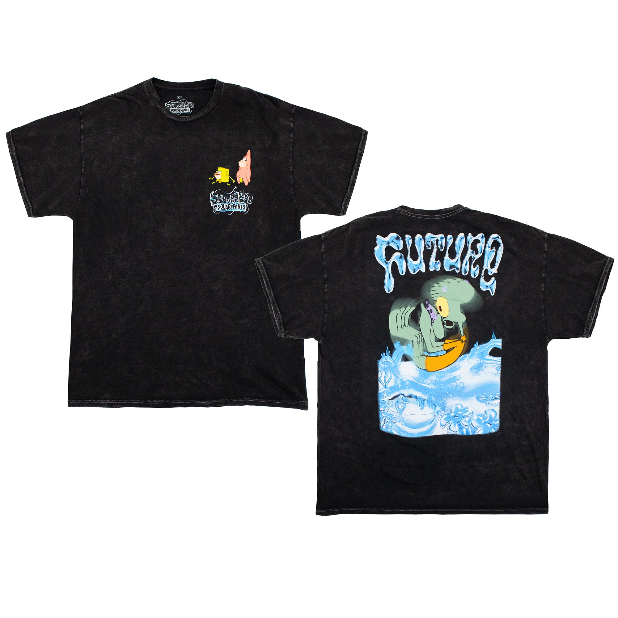 A black mineral wash t-shirt officially licensed SpongeBob SquarePants-merch. The front features a small chest design of SpongeBob and Patrick as cavemen, with the "SpongeBob SquarePants" logo below them. The back has a large, vibrant print of Squidward in a panicked expression, surrounded by a futuristic, blue-tinted underwater landscape. Above him, the word "FUTURE" is displayed in a bold, chrome-like font with a liquid metal effect, referencing the iconic scene from the show.