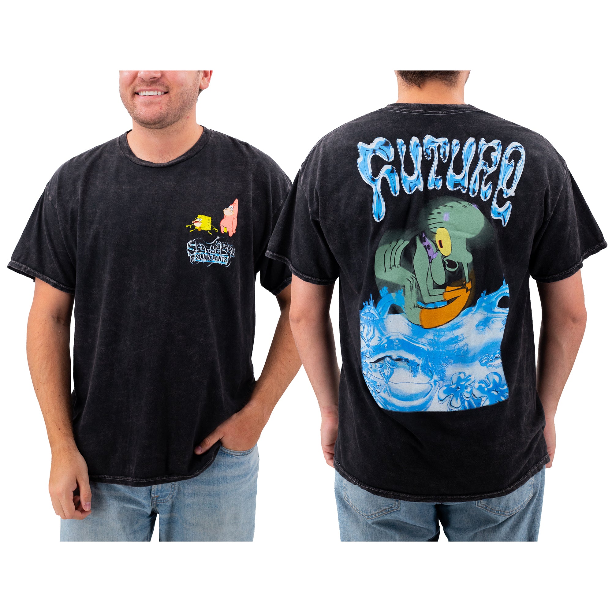 Spongebob future tshirt shown on model for male fit.