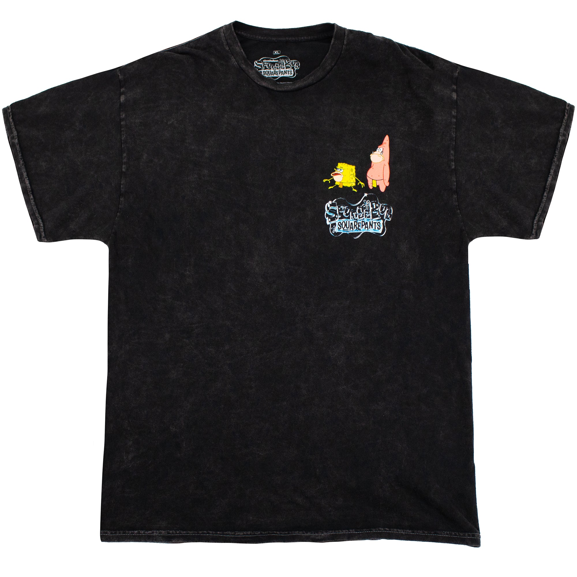 A flat lay of the front of a black mineral wash t-shirt, officially licensed SpongeBob SquarePants-merch. Featuring a left chest hit of SpongeBob and Patrick as cavemen, with the "SpongeBob SquarePants" logo below them in dynamic full color.