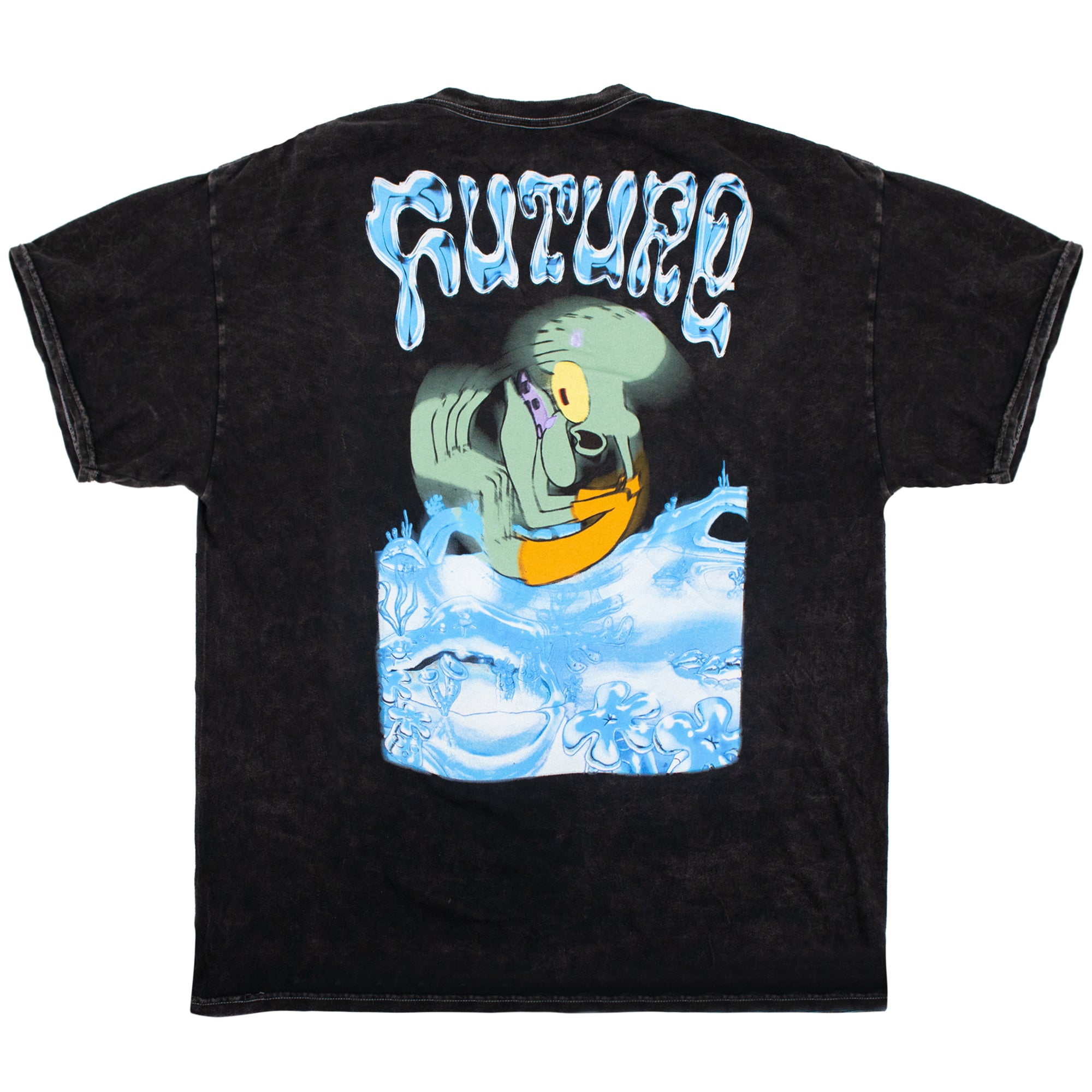 Back flat lay of a black mineral wash Spongebob Squarepants t-shirt. Featuring a large, vibrant print of Squidward in a panicked expression, surrounded by a futuristic, blue-tinted underwater landscape. Above him, the word "FUTURE" is displayed in a bold, chrome-like font with a liquid metal effect, referencing the iconic scene from the show
