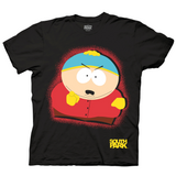 South Park Cartman pointing with red spray paint border effect and yellow logo in corner.