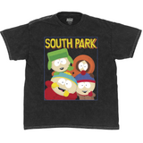 South park full-color distressed character t-shirt. Features series logo and the four main characters making silly faces and poses in a box design. Printed on our premium black mineral wash tee with contrast white stitching. 