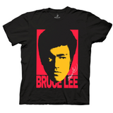 Bruce lee color block portrait with signature. Features intense shadowed black and yellow bruce lee picture on top of a red rectangle. Below reads "BRUCE LEE" in blocky red text. 