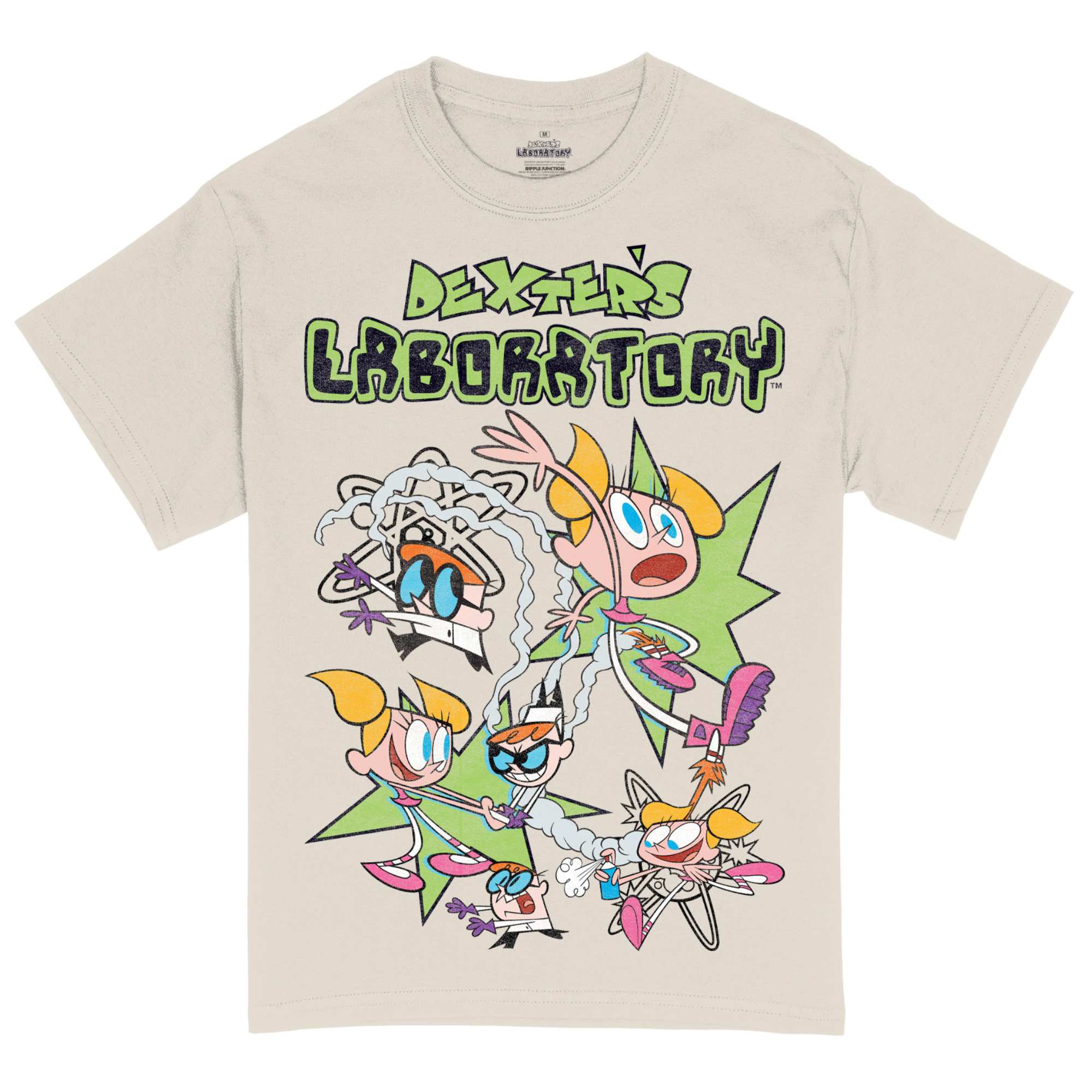 Natural Dexter’s Laboratory t-shirt featuring Dexter and Dee Dee in wild cartoon action with swirling lab experiments and retro-style title logo.