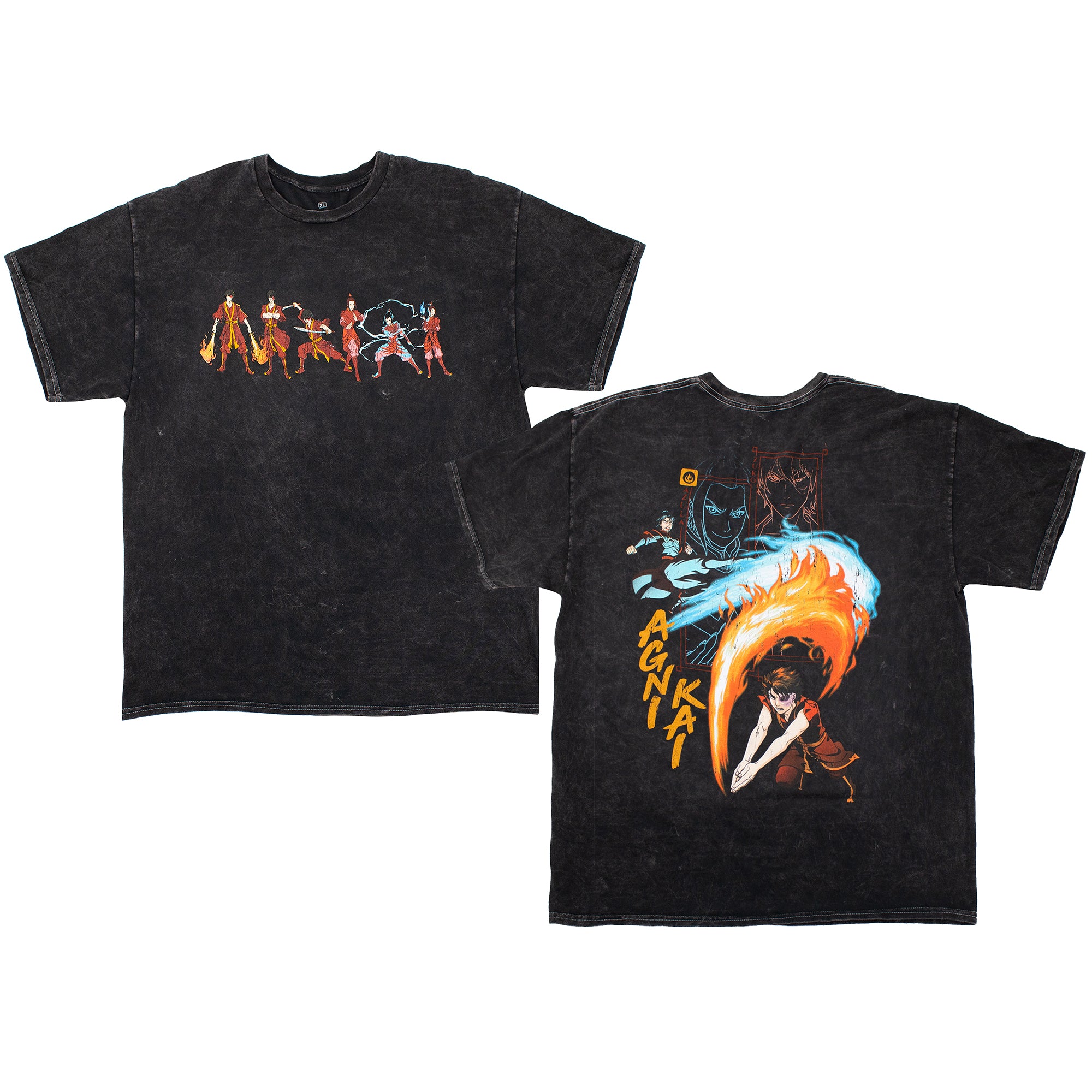 Front and back view of premium black mineral wash T-shirt featuring Zuko and Azula from Avatar: The Last Airbender. Front design shows multiple action poses of the fire-bending siblings in their signature bending styles, while the back showcases a large dynamic illustration of fiery combat with the text 'AGNI KAI'