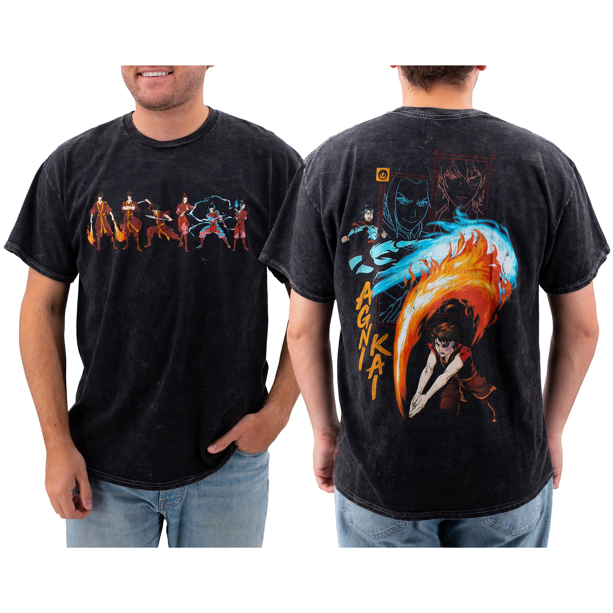 Front and back view of black mineral wash T-shirt on standard male body to show fit. Tee is featuring Zuko and Azula from Avatar: The Last Airbender. Front design shows multiple action poses of the fire-bending siblings in their signature bending styles, while the back showcases a large dynamic illustration of fiery combat with the text 'AGNI KAI'