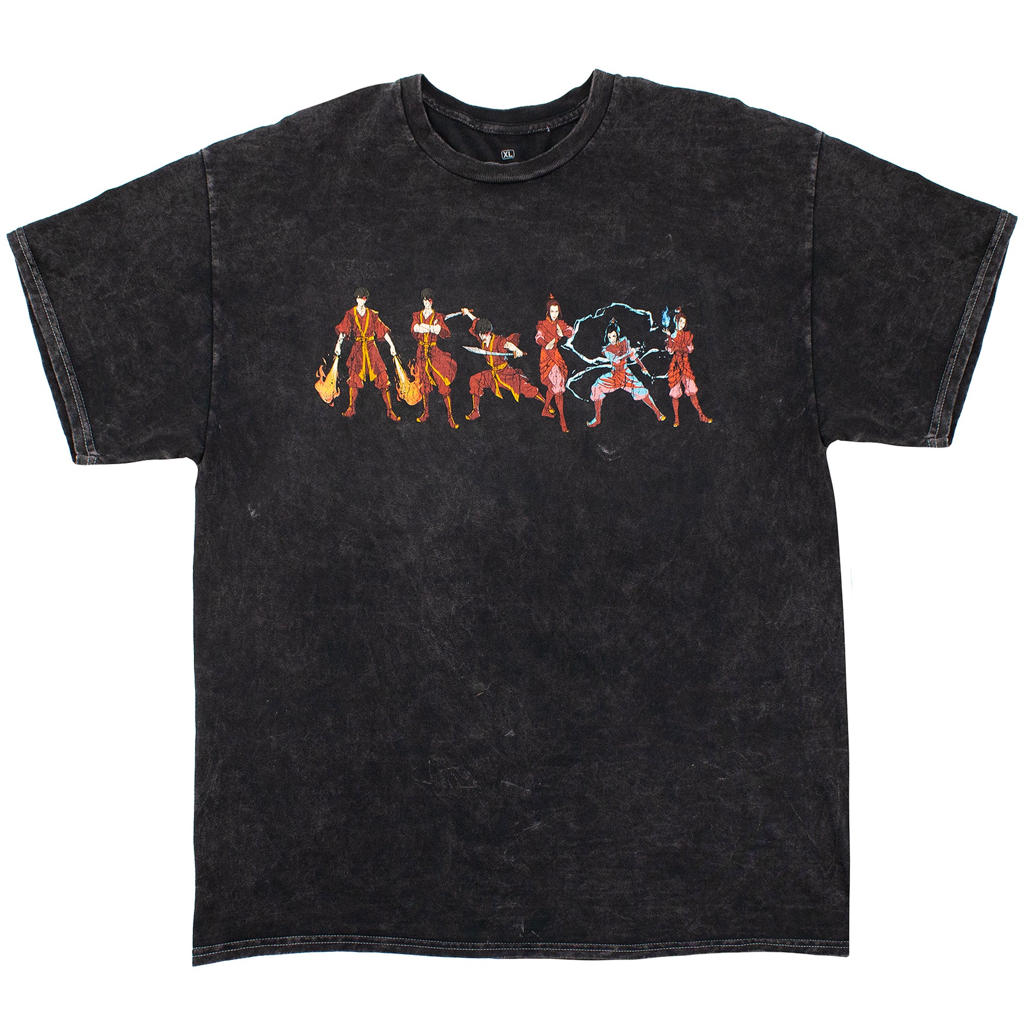 Front view of black mineral t-shirt depicting Zuko and Azula in multiple action poses showing off their signature bending and fighting styles.