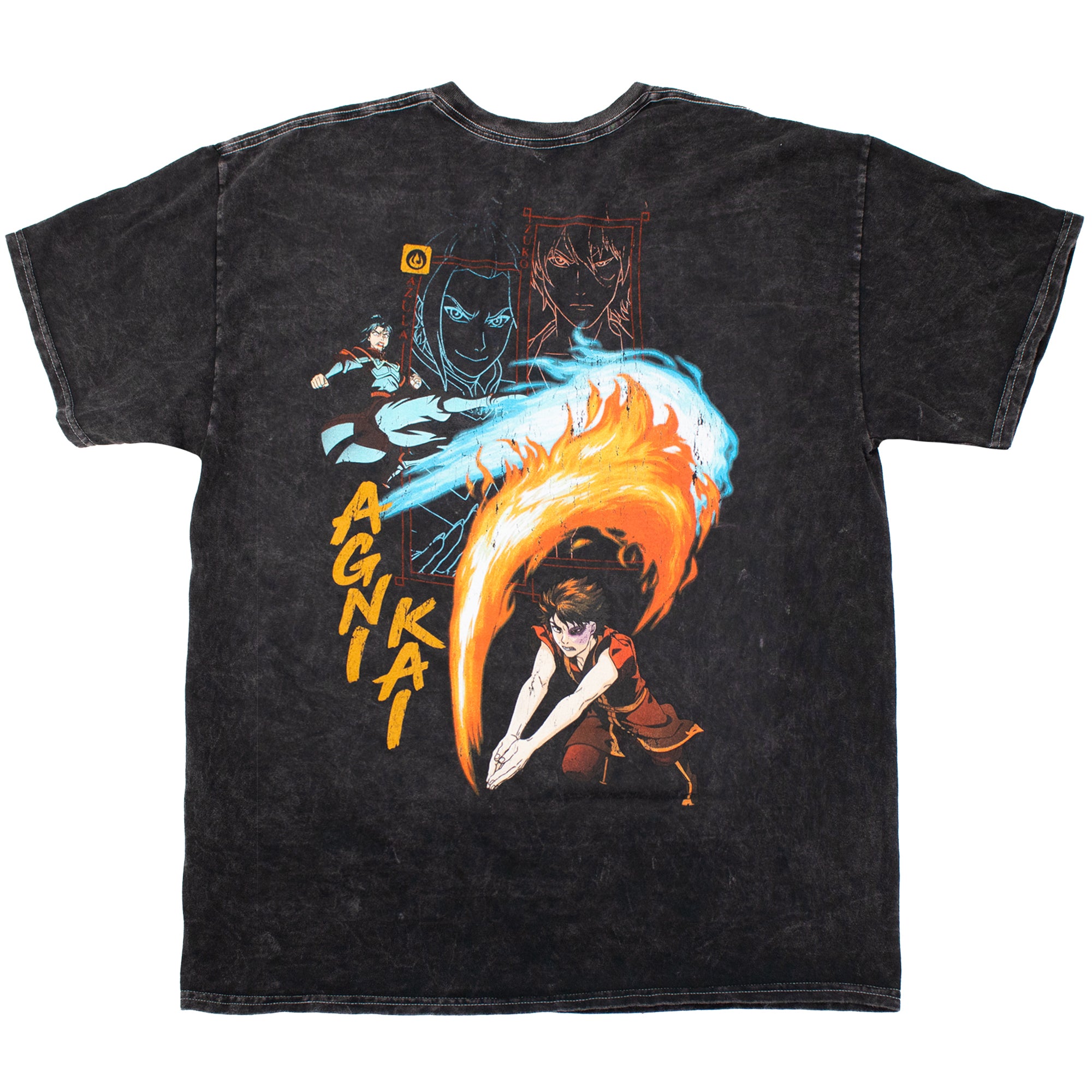 Back view of black mineral t-shirt with distressed graphics depicting Zuko and Azula engaged in the iconic Agni Kai battle, a trial by fire. Shows Azula's electric blue flames contrasted against Zuko's classic fire-bender flare. Also features comic panel view of characters as a tonal background. Text reads "Agni Kai".