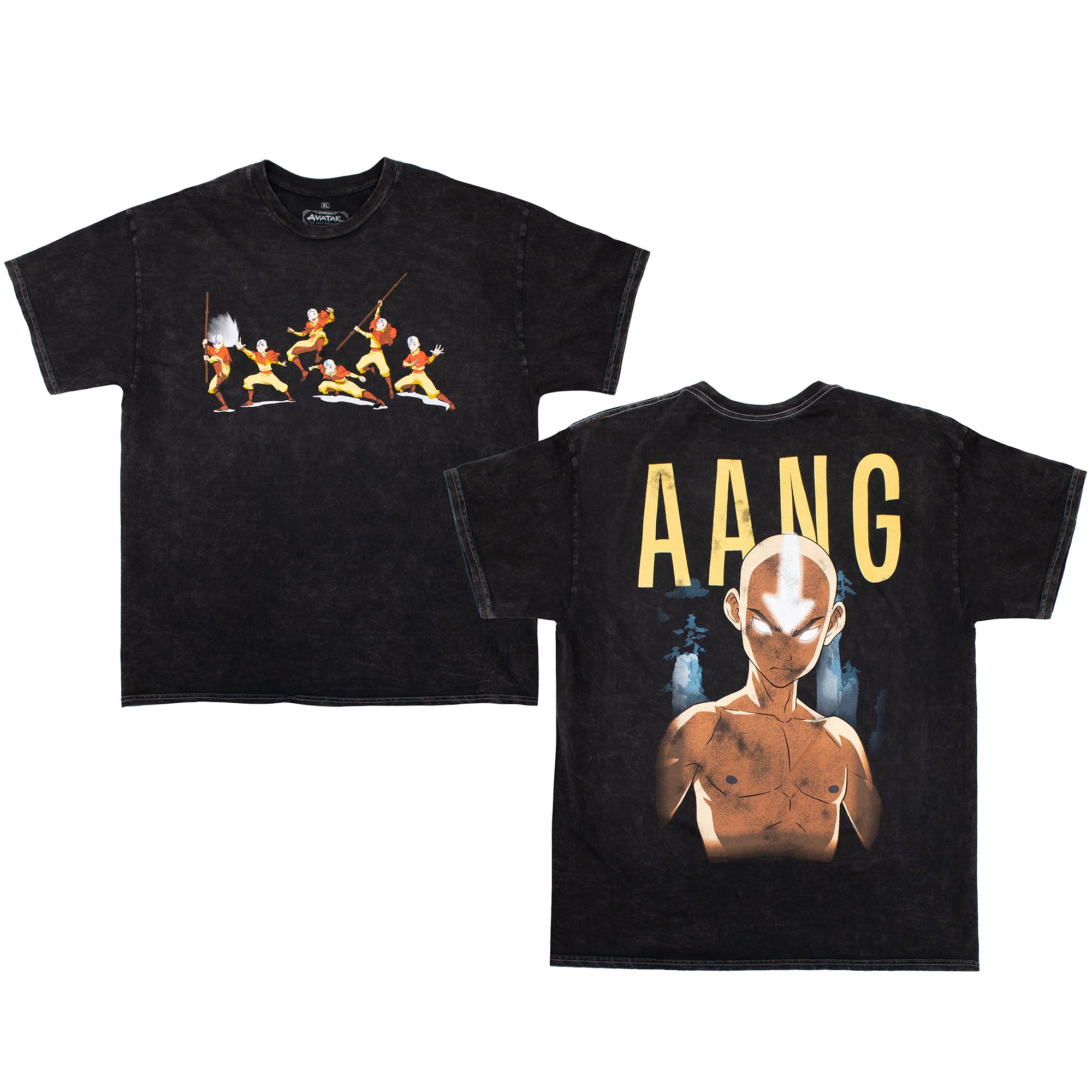 Front and back view of premium black mineral wash T-shirt featuring Aang from Avatar: The Last Airbender; front design shows multiple action poses of Aang air-bending, while the back showcases a large striking illustration of Aang in the Avatar state with large graphic text reading "AANG" and glowing effect as background.