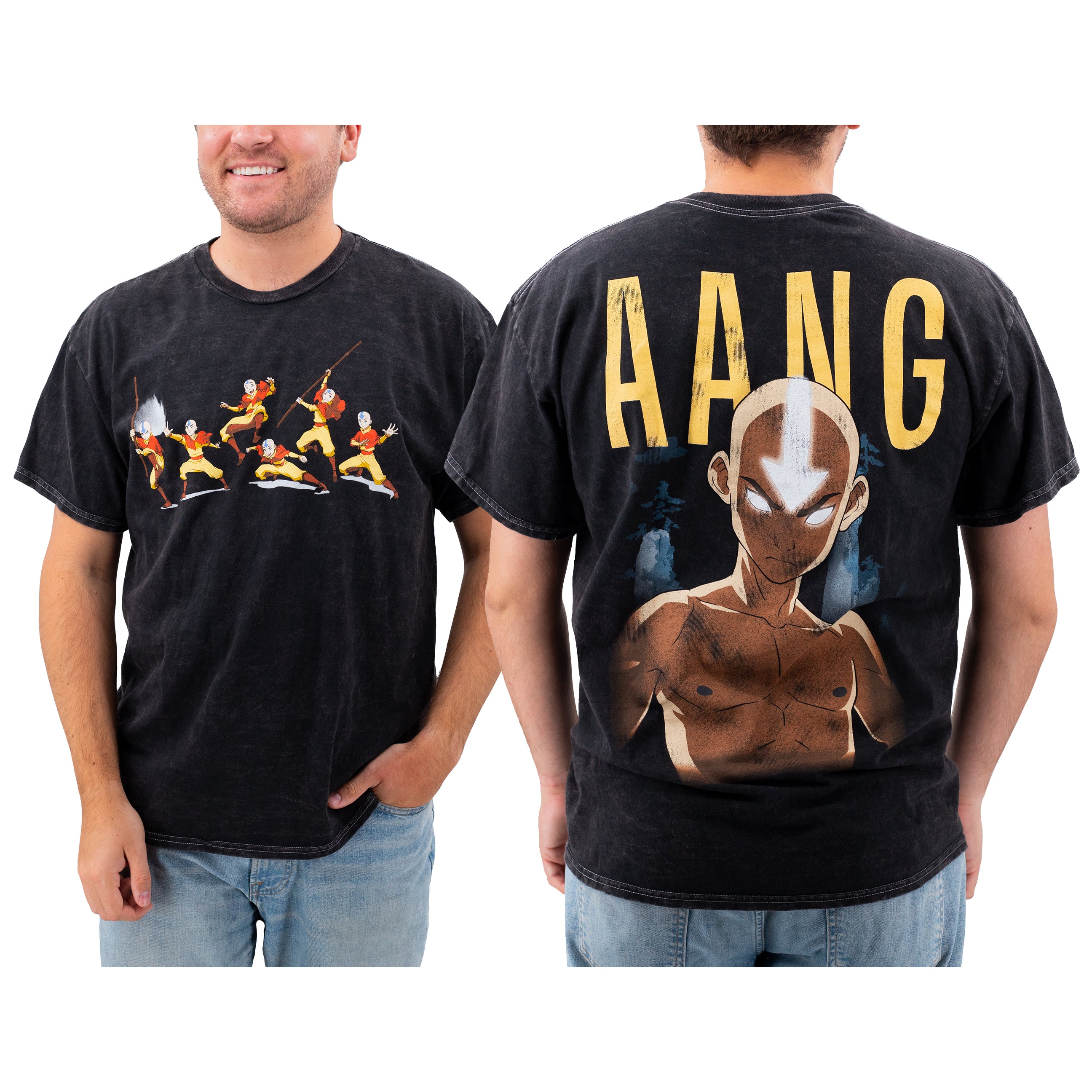 Front and back view of black mineral wash T-shirt on standard male body to show fit. Tee is featuring 
Aang from Avatar: The Last Airbender; front design shows multiple action poses of Aang air-bending, while the back showcases a large striking illustration of Aang in the Avatar state with large graphic text reading "AANG" and glowing effect as background.