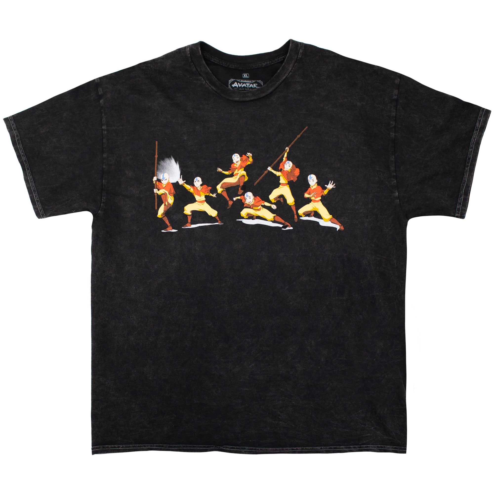 Front view of black mineral wash tee with distressed graphic featuring Aang in multiple action poses and showing of his air-bending.