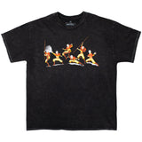 Front view of black mineral wash tee with distressed graphic featuring Aang in multiple action poses and showing of his air-bending.