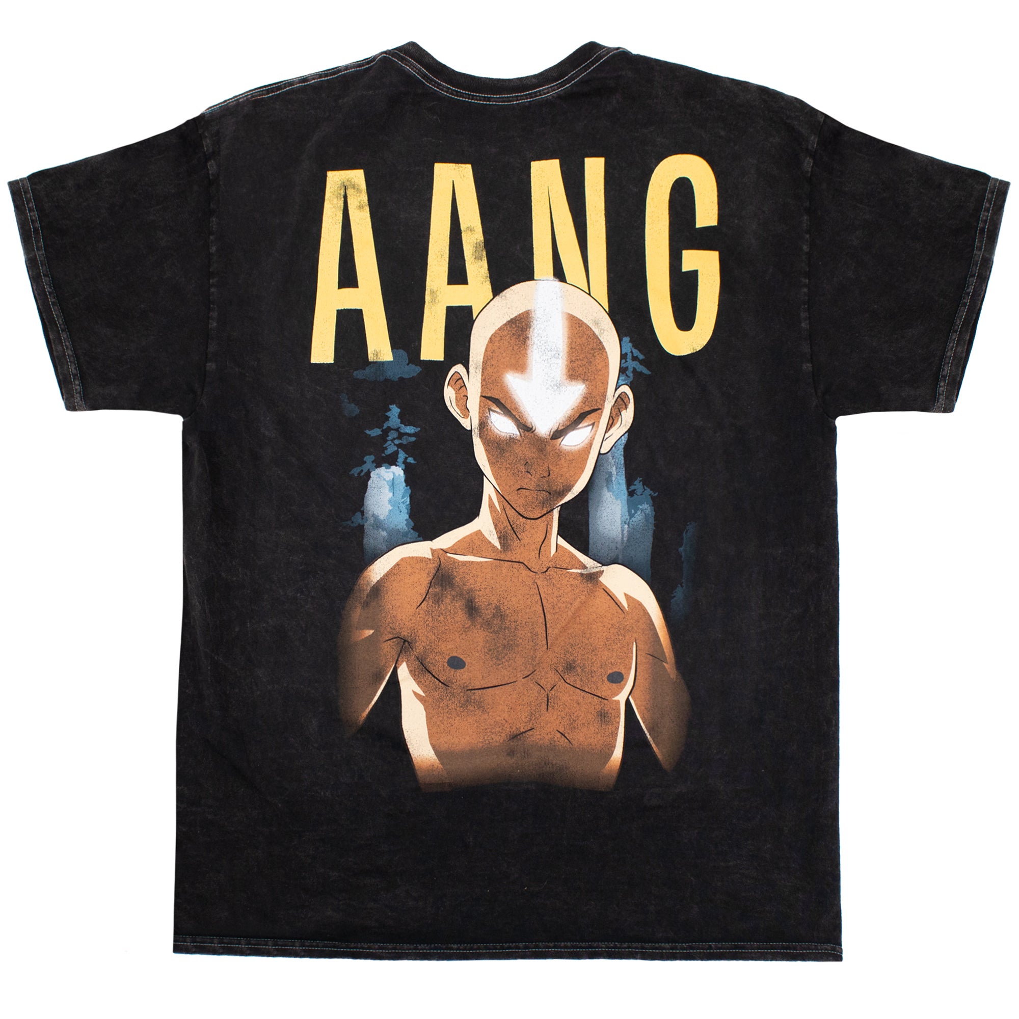 Back view of large, distressed graphic that showcases a striking illustration of Aang in the Avatar state with large graphic text reading "AANG" and glowing effect as background.