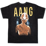 Back view of large, distressed graphic that showcases a striking illustration of Aang in the Avatar state with large graphic text reading "AANG" and glowing effect as background.