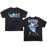 Front and back view of premium black mineral wash T-shirt featuring Katara from Avatar: The Last Airbender. Front design displays a sequence of Katara’s water-bending moves with swirling animated water, while the back showcases a bold illustration of Katara water-bending with her name in large text above.