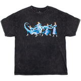 Front view of premium black mineral wash tee with distressed print featuring Katara from Avatar: The Last Airbender. Design showcases a fluid sequence of Katara’s water-bending moves with swirling animated waves. 