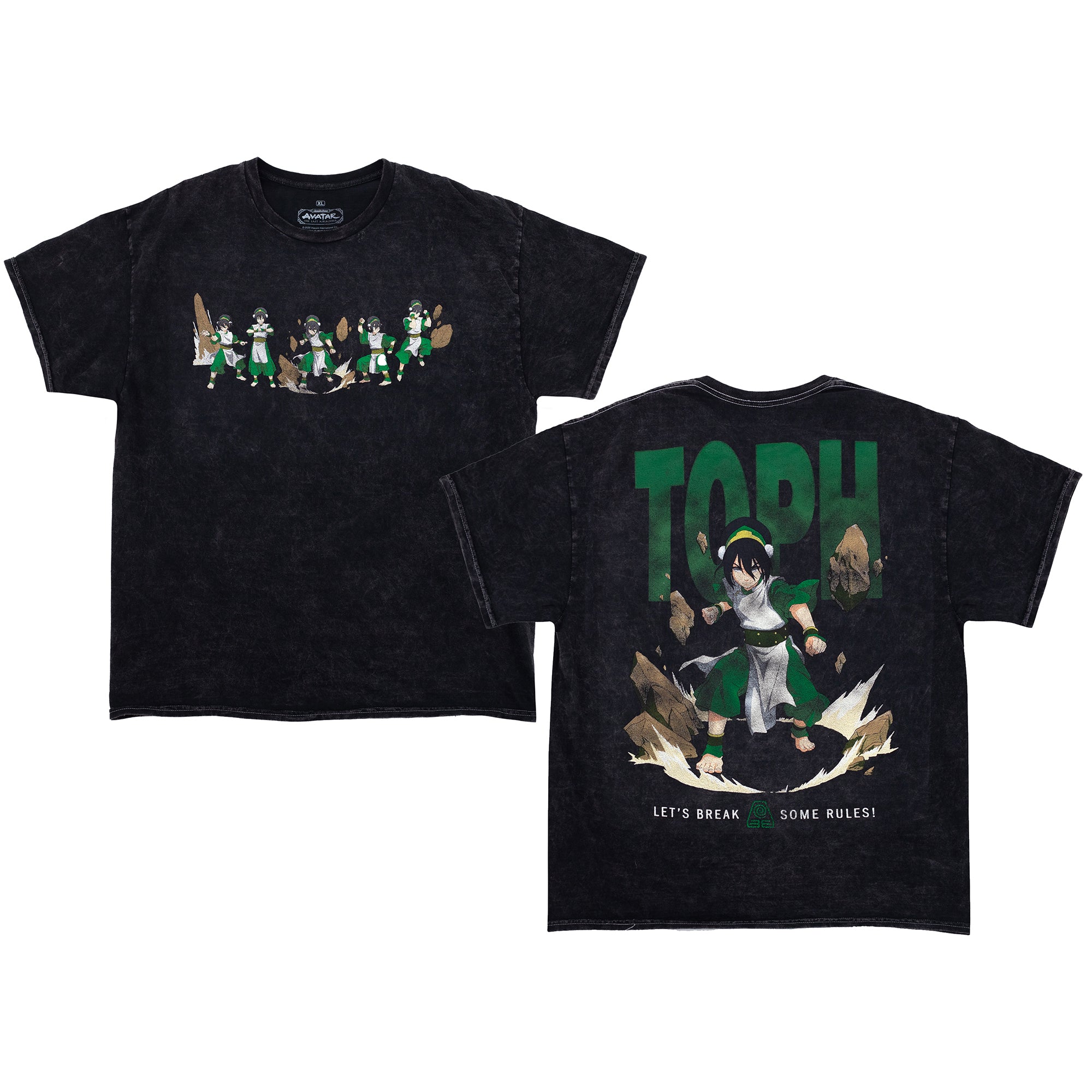 Front and back view of premium black mineral wash T-shirt featuring Toph Beifong from Avatar: The Last Airbender; front design shows multiple action poses of Toph earthbending, while the back showcases a large dynamic illustration with the text 'TOPH' and 'Let's Break Some Rules!'"